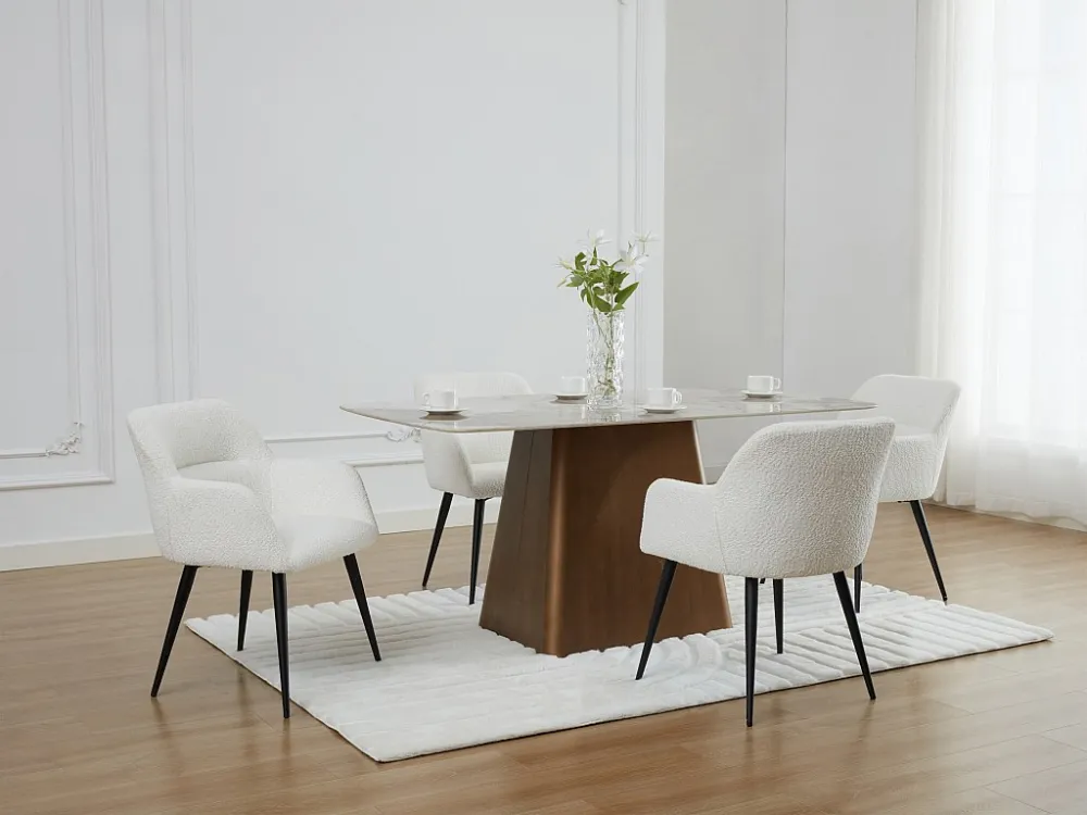 Set van 6 stoelen met armleuningen van boucléstof en zwart metaal - Wit - HEKA