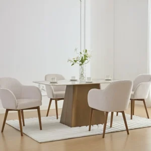 Set van 6 stoelen met armleuningen van stof met textuur en heveahout - Crèmewit - MODINIA