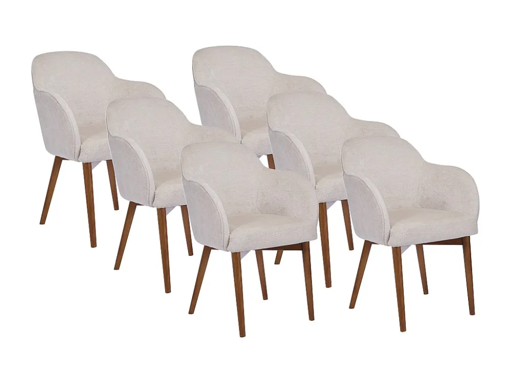 Set van 6 stoelen met armleuningen van stof met textuur en heveahout - Crèmewit - MODINIA