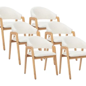 Set van 6 stoelen van boucléstof en heveahout - Wit - SOLUNA
