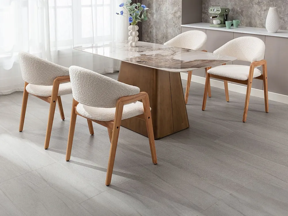 Set van 6 stoelen van boucléstof en heveahout - Wit - SOLUNA