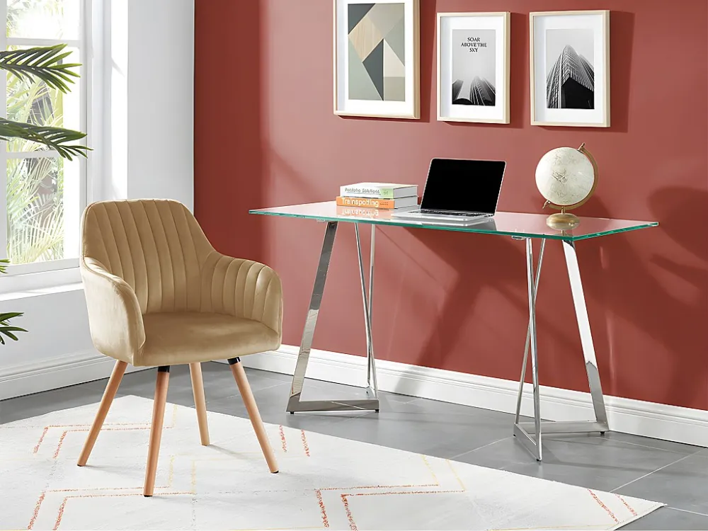 Stoel met armleuningen ELEANA - Fluweel en metaal met houteffect - Beige - Koop nu online