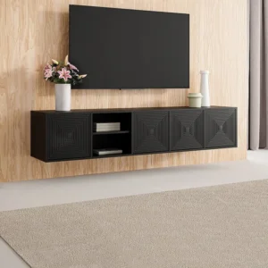 Hangend tv-meubel met 4 deuren en 2 nissen van mdf - Zwart - MEZULIA