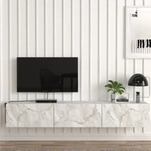 Hangend tv-meubel met 3 deuren - Wit marmereffect - VIKILA