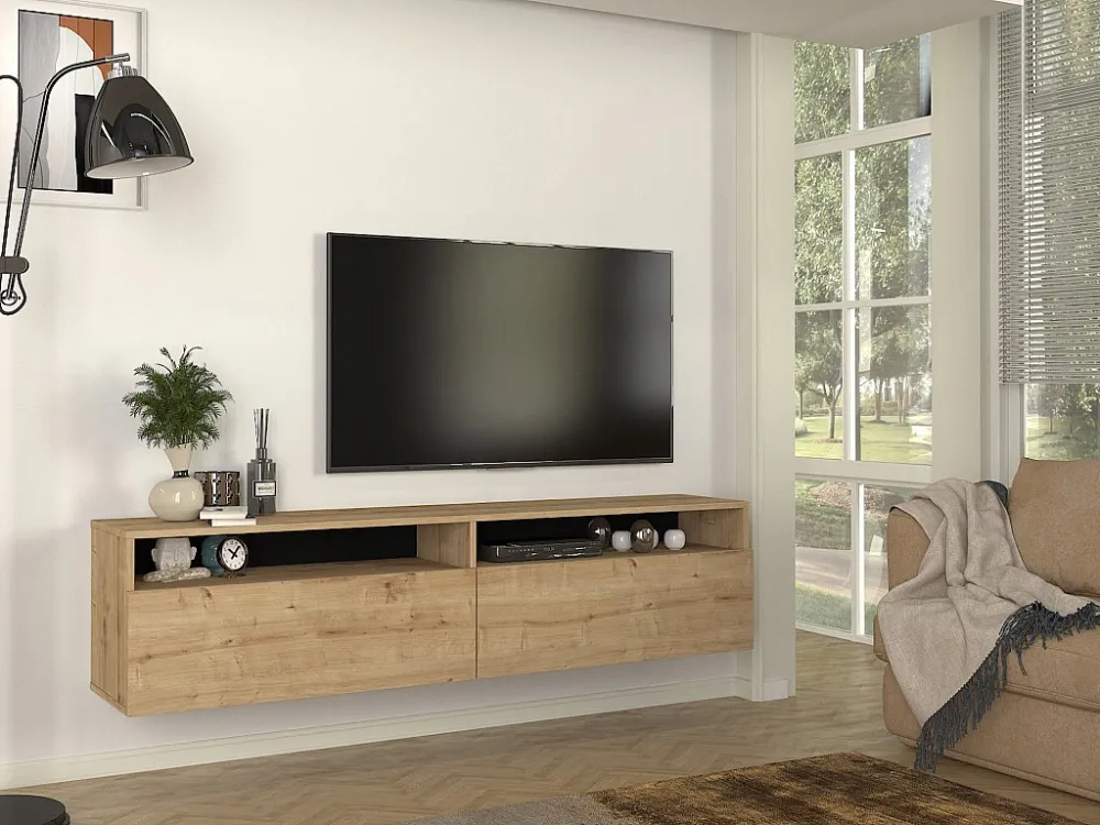 Hangende TV-meubel met 2 deurtjes en 2 vakken - Naturel - KIRIYA