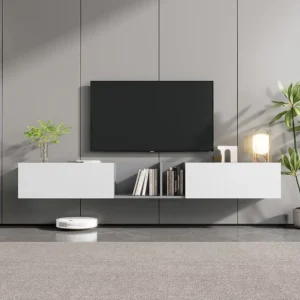 Hangend TV-meubel met 2 deuren en 2 open planken - L 220 cm - voor 90 inch TV - Spaanplaat - Wit Merax