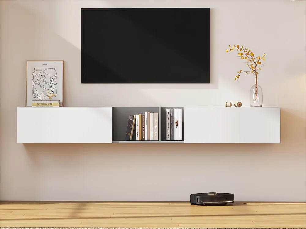 Hangend tv-meubel - 2 deuren en 2 open planken - Wit ModernLuxe