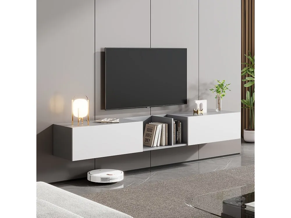 Hangend tv-meubel - 2 deuren en 2 open planken - Wit ModernLuxe