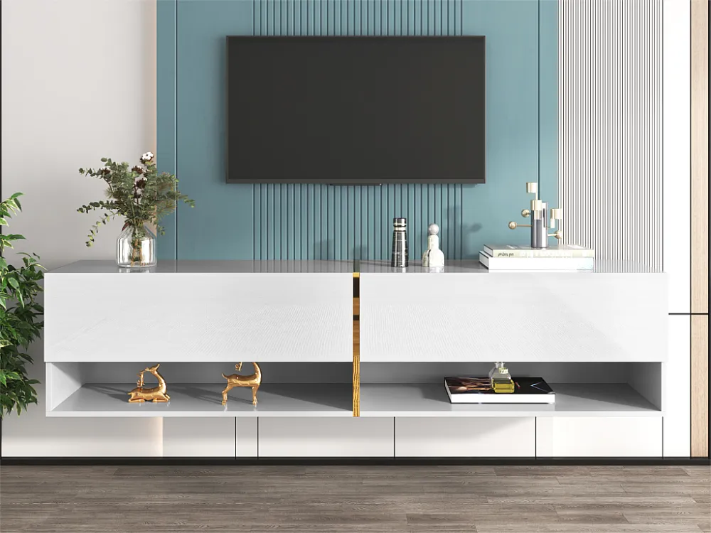 Hangend tv-meubel met glanzend aspect - 2 neerklapbare vakken en 2 open vakken - spaanplaat - Wit ModernLuxe