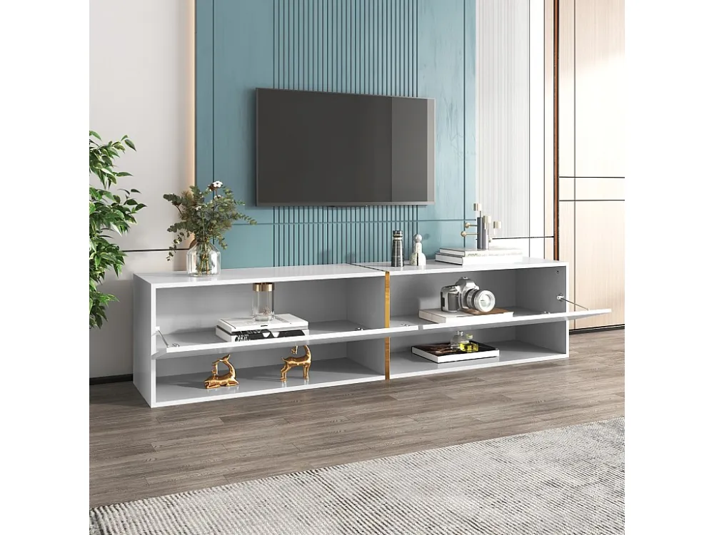 Hangend tv-meubel met glanzend aspect - 2 neerklapbare vakken en 2 open vakken - spaanplaat - Wit ModernLuxe