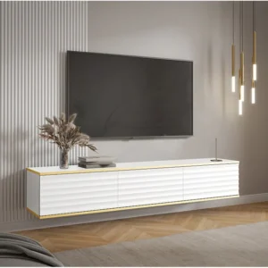 Hangend tv-meubel met 3 deurtjes van mdf - Wit en goud - ALESAR PASCAL MORABITO