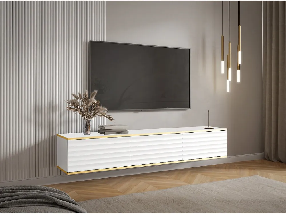 Hangend tv-meubel met 3 deurtjes van mdf - Wit en goud - ALESAR PASCAL MORABITO