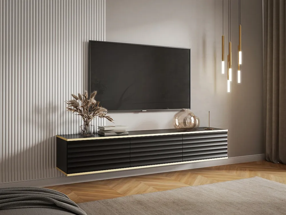Hangend tv-meubel met 3 deurtjes van mdf - Zwart en goud - ALESAR PASCAL MORABITO
