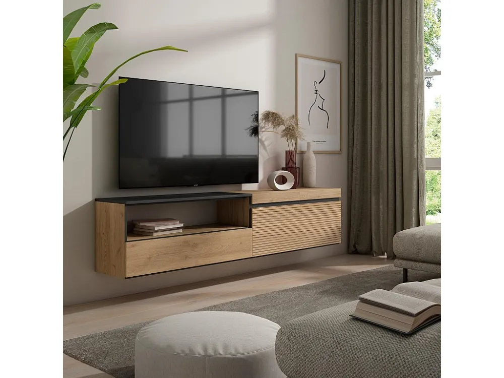 TV-Meubel, Lowboard, 200x45x35cm, Voor tv's tot 80", Hangend, Eiken Skraut Home