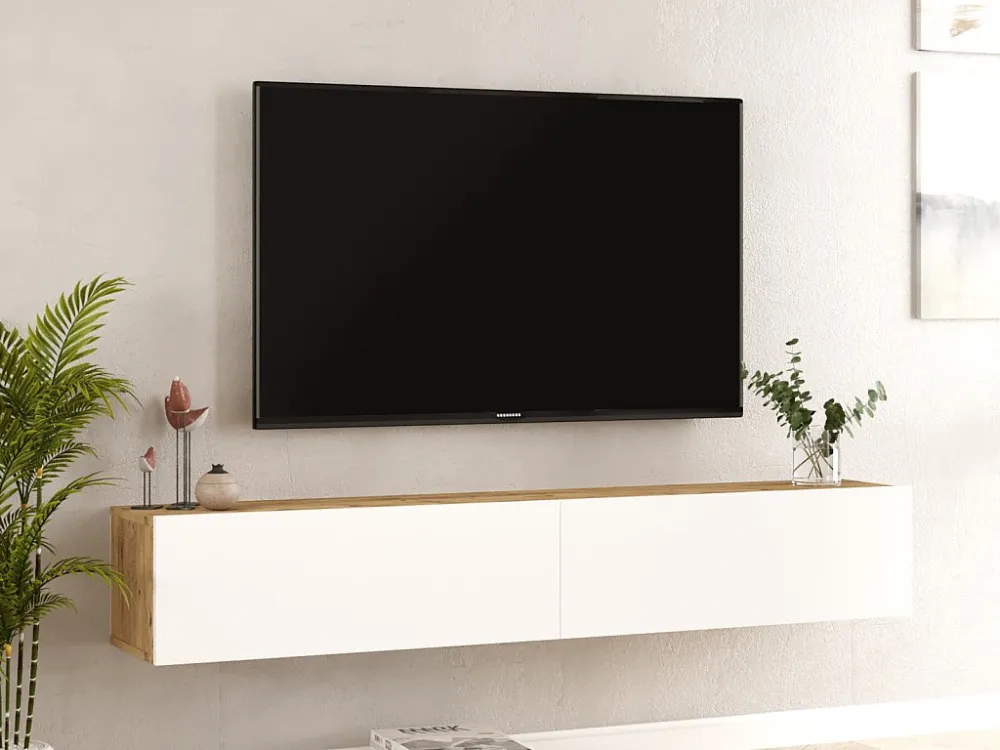 Tv-meubel om op te hangen met 2 deuren - Wit en naturel - AUBEPINA
