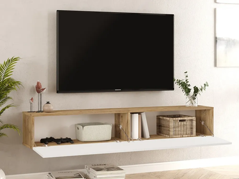 Tv-meubel om op te hangen met 2 deuren - Wit en naturel - AUBEPINA