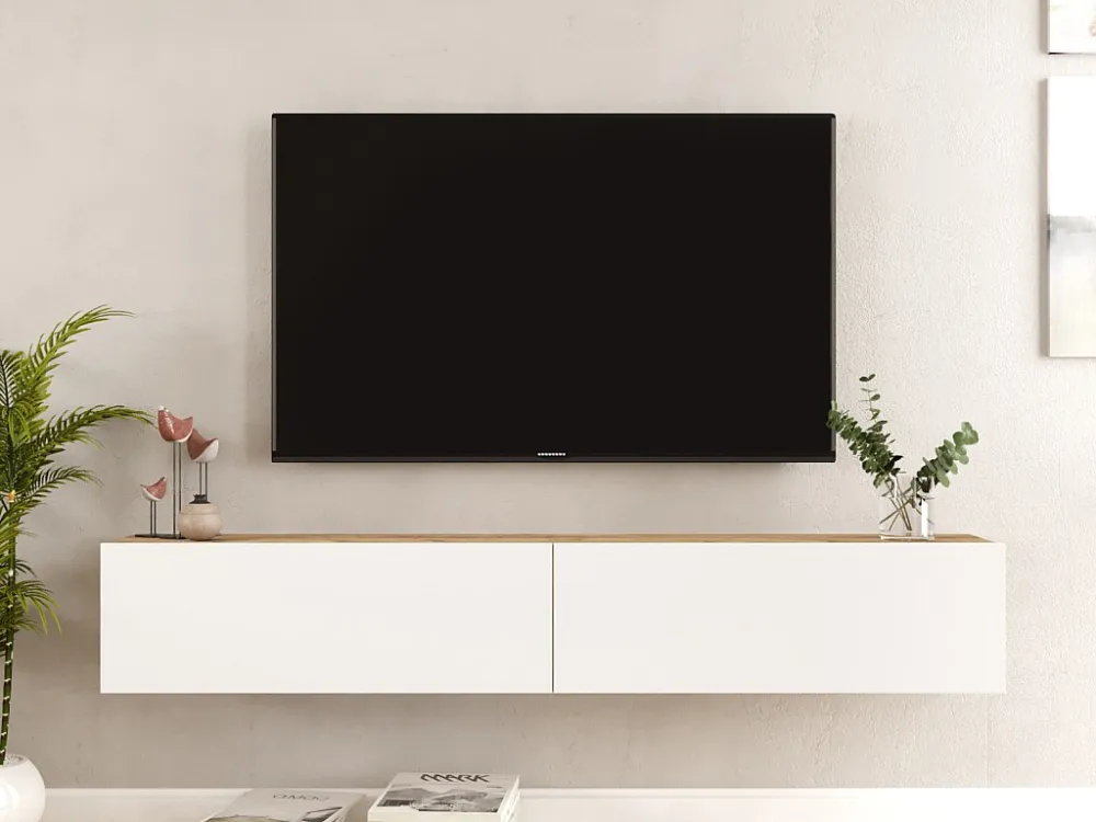 Tv-meubel om op te hangen met 2 deuren - Wit en naturel - AUBEPINA