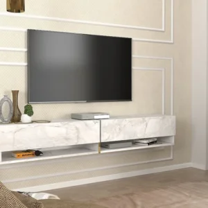 Zwevend tv-meubel met 2 deurtjes en 2 nissen - Witte marmerlook - NARISA