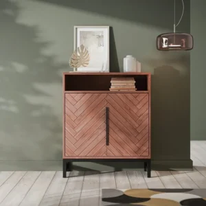 Buffetkast met 2 deuren van acaciahout met chevron-effect en metaal - Naturel en zwart - VEDILA