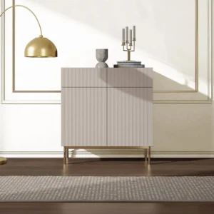 Hoge buffetkast met 2 deuren en 2 lades van mdf en staal - Beige en goudkleurig - EVILANA