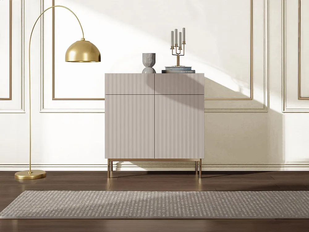 Hoge buffetkast met 2 deuren en 2 lades van mdf en staal - Beige en goudkleurig - EVILANA