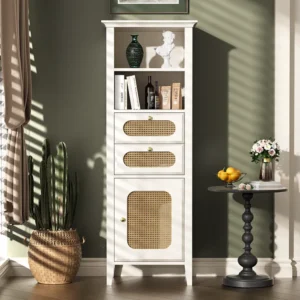 Dressoir, vitrinekast met 2 lades, 2 nissen en een deur - Rotan effect - 140,5 x 38 x 50 cm - MDF hout - Wit Merax