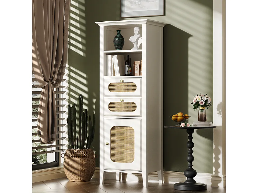 Dressoir, vitrinekast met 2 lades, 2 nissen en een deur - Rotan effect - 140,5 x 38 x 50 cm - MDF hout - Wit Merax