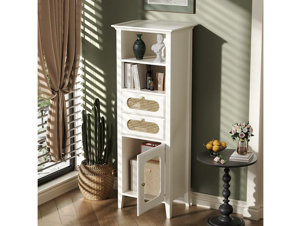 Dressoir, vitrinekast met 2 lades, 2 nissen en een deur - Rotan effect - 140,5 x 38 x 50 cm - MDF hout - Wit Merax