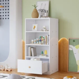 Hoog dressoir, boekenkast, plank met drie planken en één lade, stille glijbanen, voor slaapkamer, woonkamer, MDF, wit Merax
