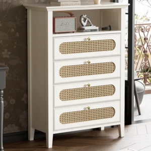 Hoog dressoir H110 cm met 4 laden en 1 nis - Rotan patroon - Landelijke stijl - Wit + naturel Merax