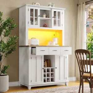 Hoog dressoir met 4 deuren, 3 laden en wijnrek voor 9 flessen - 106 x 40 x 179,5 cm - LED's - MDF hout - voor keuken...