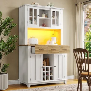 Hoog dressoir met 4 deuren, 3 laden en wijnrek voor 9 flessen - 106 x 40 x 179,5 cm - LED's - MDF hout - voor keuken...