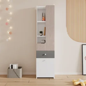 Hoog dressoir met 2 draaideuren en een lade - MDF hout - kleur wit + licht iep + grijs Merax