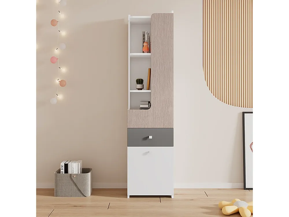 Hoog dressoir met 2 draaideuren en een lade - MDF hout - kleur wit + licht iep + grijs Merax