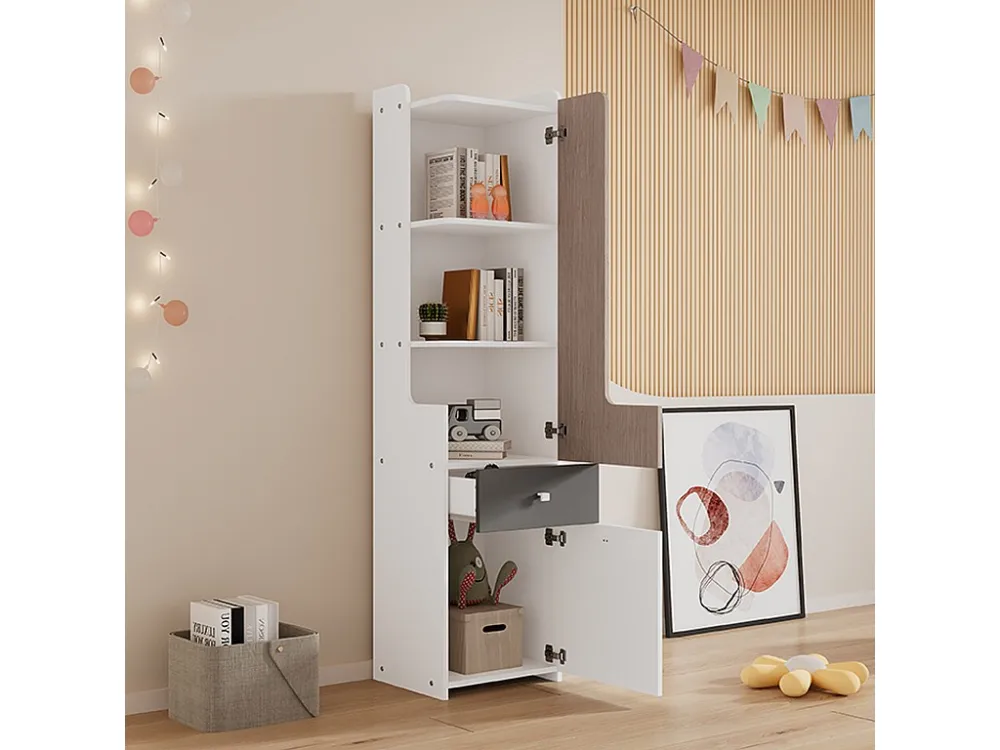 Hoog dressoir met 2 draaideuren en een lade - MDF hout - kleur wit + licht iep + grijs Merax