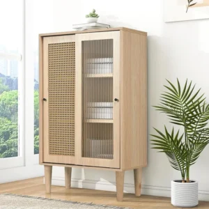 Hoog houten dressoir - 2 rotan en glazen schuifdeuren - eigentijdse stijl - eikenhout Merax