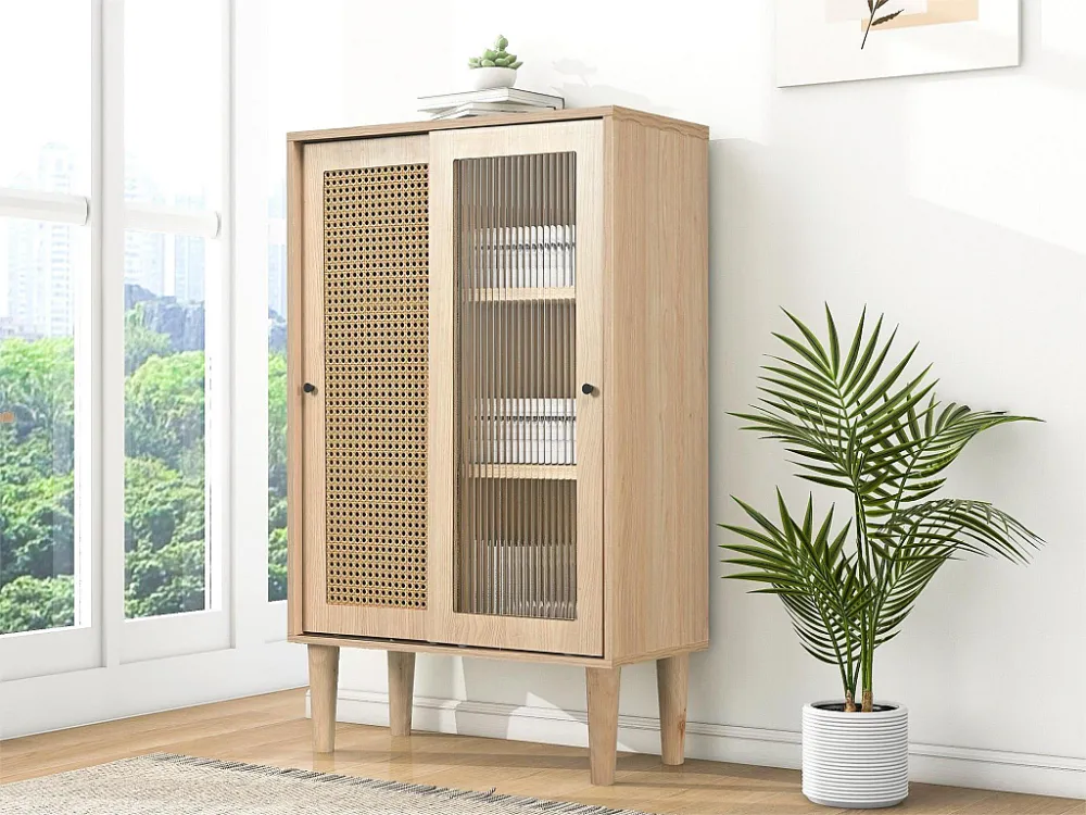 Hoog houten dressoir - 2 rotan en glazen schuifdeuren - eigentijdse stijl - eikenhout Merax