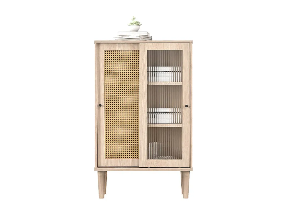 Hoog houten dressoir - 2 rotan en glazen schuifdeuren - eigentijdse stijl - eikenhout Merax