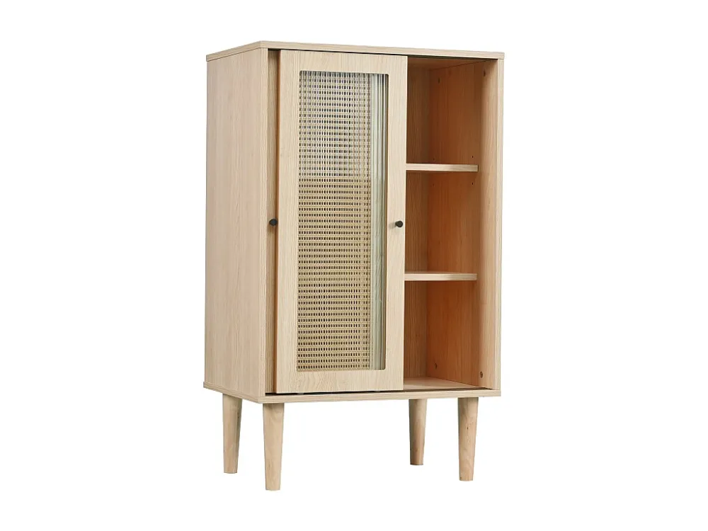 Hoog houten dressoir - 2 rotan en glazen schuifdeuren - eigentijdse stijl - eikenhout Merax