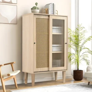 Hoog houten dressoir met 6 vakken - 2 rotan en glazen deuren - landelijke stijl - naturel ModernLuxe