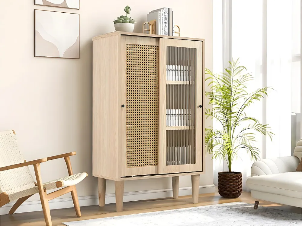 Hoog houten dressoir met 6 vakken - 2 rotan en glazen deuren - landelijke stijl - naturel ModernLuxe