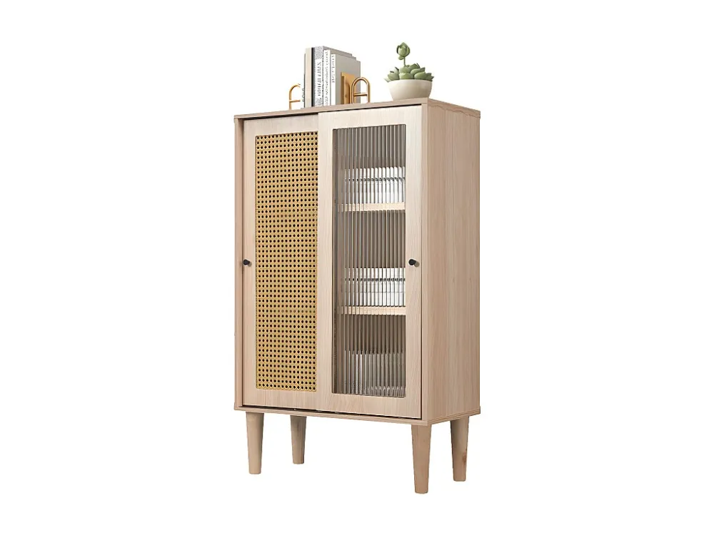 Hoog houten dressoir met 6 vakken - 2 rotan en glazen deuren - landelijke stijl - naturel ModernLuxe