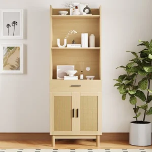 Vitrine - met 1 lade、2 rotan deuren en 3 open nissen - Naturel ModernLuxe