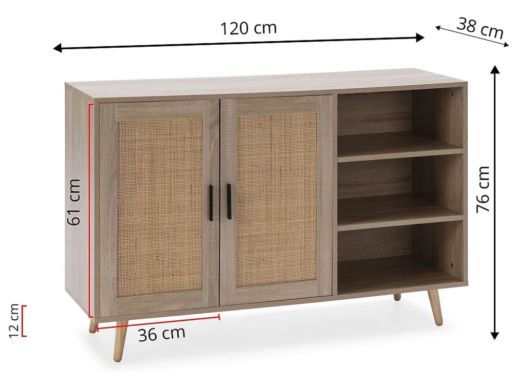 Dressoir Dalia 2 deuren en 3 vakken eiken kleur, 120 cm breed. VS Venta-stock