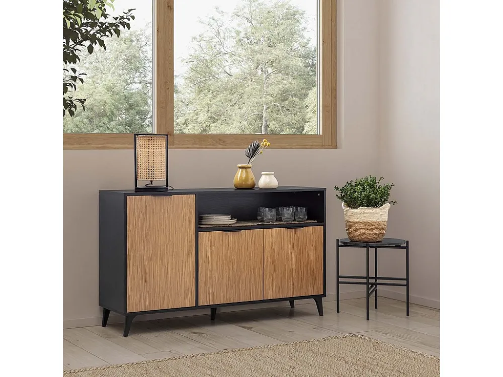 Dressoir Denis 3 deuren 1 vak, kleur Zwart/Hout VS Venta-stock