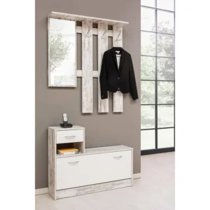 Clint entreemeubel, Moderne entree, Kast met schoenenrek, Multifunctionele kledingkast met spiegel en kleerhanger, 100x25h...