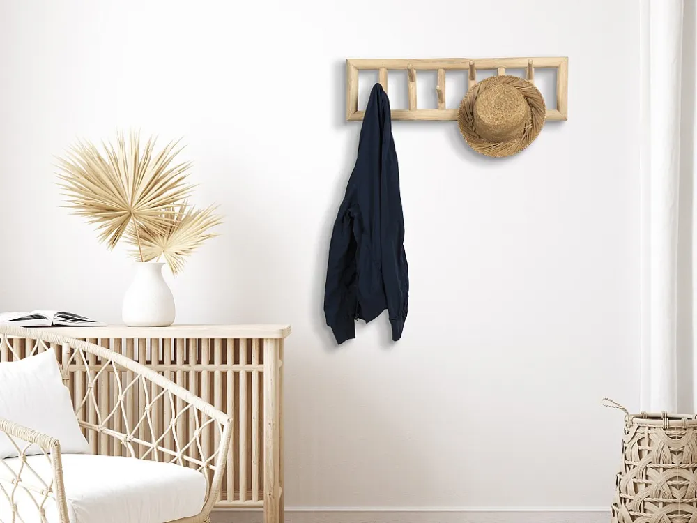Teakhouten kapstokhaak 6 haken - B70 x D11 x H20 cm - Kleur : naturel - LIPALIA - Koop nu