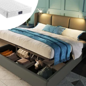 Opbergbed 140 x 200 cm - pu leer - leeslamp en USB - grijs + matras Merax
