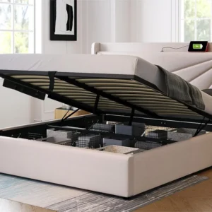 Opbergbed 140 x 200 cm - USB en type C - linnen stof - lattenbodem - beige Merax