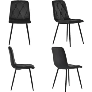 Set van 4 Velvet stoelen - metalen structuur - Ruitpatroon - zwart ModernLuxe